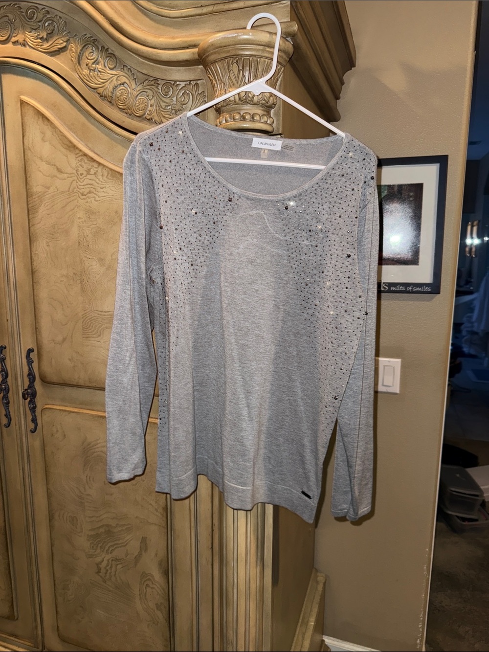 Calvin Klein Light Gray Rhinestone-Embellished Long Sleeve Top